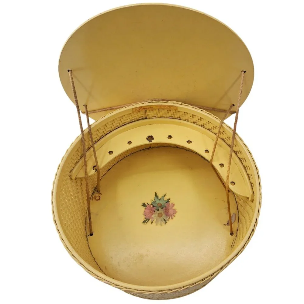 MCM Princess Large Yellow Wicker Sewing Box Retro Storage Box Pastel Floral
